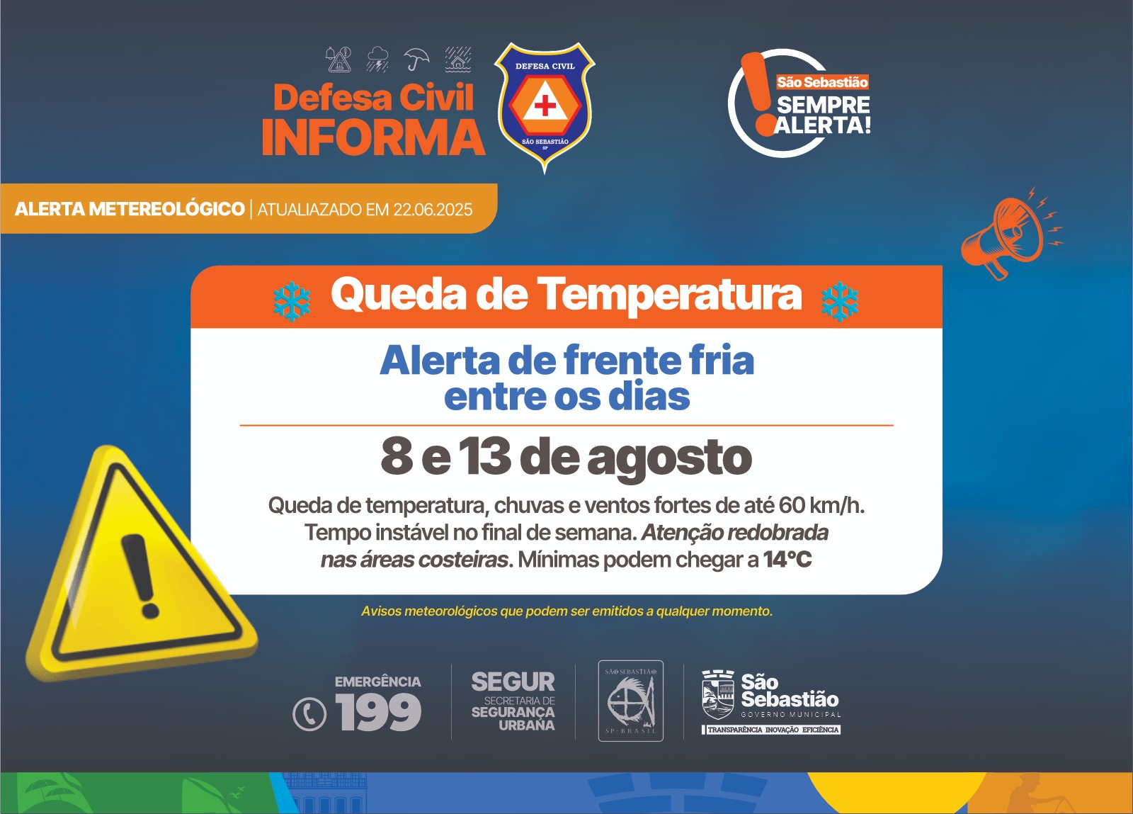 Prefeitura de São Sebastião alerta para chegada de frente fria com ventos fortes e possibilidade de chuva